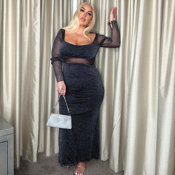 Shein Sheer Long Sleeve Black Sparkly Maxi Dress with Open Back - Picture 3 of 9